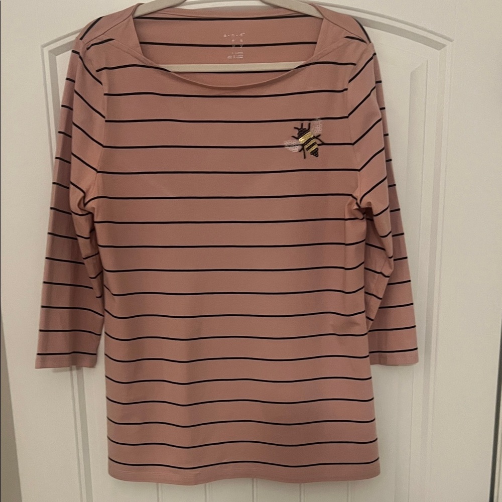 a new day Pink Striped Long Sleeve Top with Bee Patch